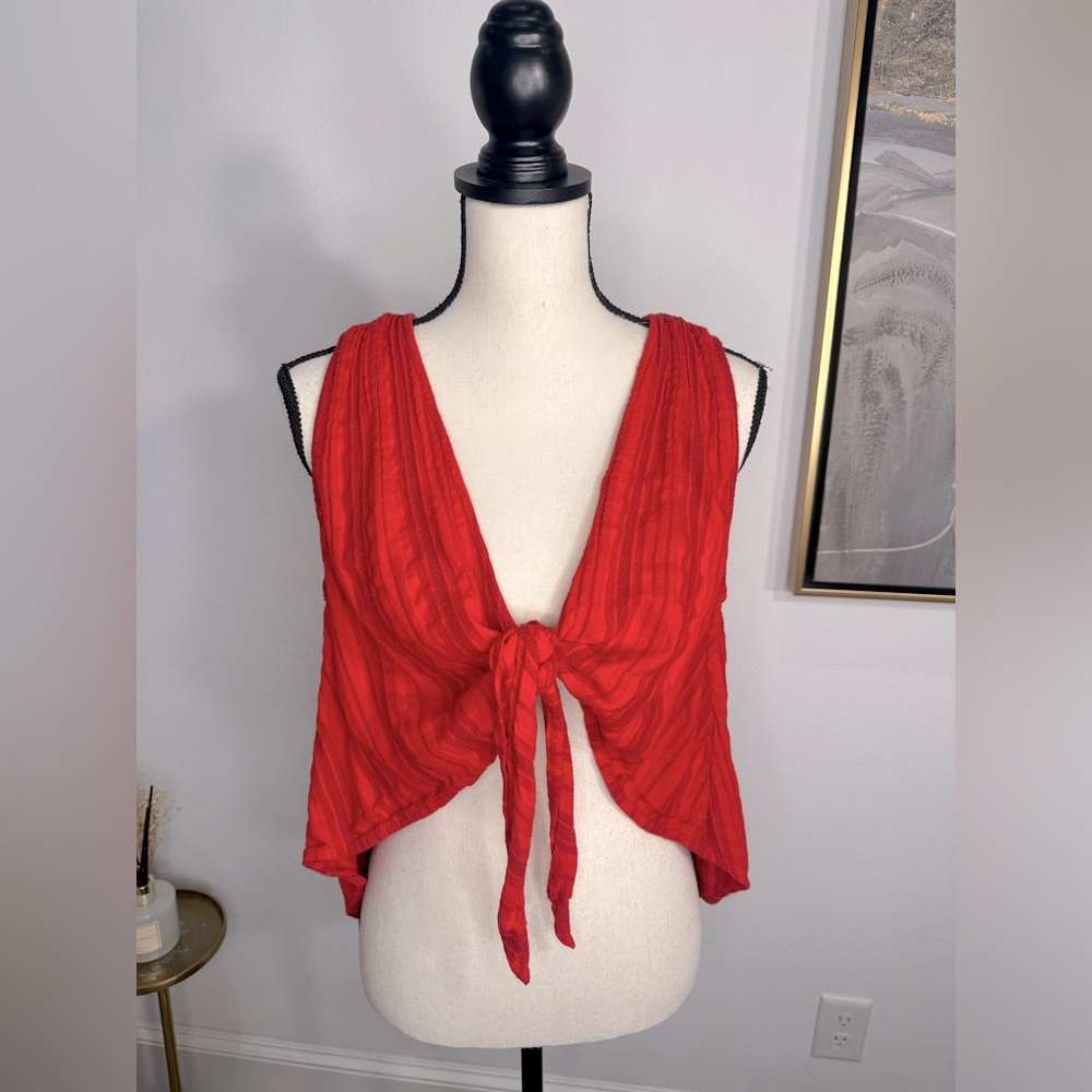 Free People Womens Red Striped Tie Front Sleeveless Crop Tank Top | XS